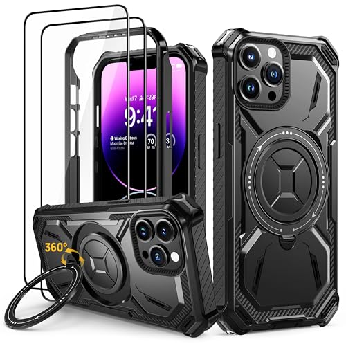 Lanhiem für iPhone 14 Pro Max Hülle, 360° Drehbarer Ring Ständer Schutzhülle [2 in 1 Doppelschutz] mit 2 Pack Panzerglas, Militärische Stoßfest Halter Handyhülle für iPhone 14 Pro Max Case, Schwarz von Lanhiem