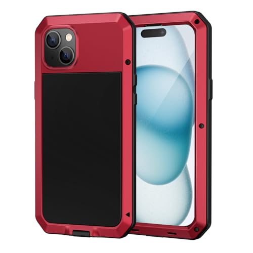 Lanhiem für iPhone 15 Hülle (6.1"), Metall Handyhülle iPhone 15 Case Robust Stoßfest Ganzkörper Militärstandard Schutzhülle Outdoor Heavy Duty Case mit Eingebautem Displayschutz, Rot von Lanhiem