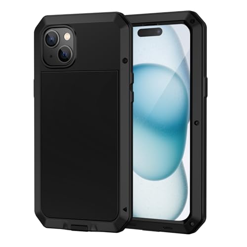 Lanhiem für iPhone 15 Hülle (6.1"), Metall Handyhülle iPhone 15 Case Robust Stoßfest Ganzkörper Militärstandard Schutzhülle Outdoor Heavy Duty Case mit Eingebautem Displayschutz, Schwarz von Lanhiem