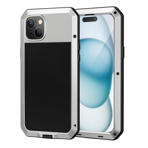 Lanhiem für iPhone 15 Hülle (6.1"), Metall Handyhülle iPhone 15 Case Robust Stoßfest Ganzkörper Militärstandard Schutzhülle Outdoor Heavy Duty Case mit Eingebautem Displayschutz, Silber von Lanhiem