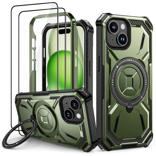 Lanhiem für iPhone 15 Hülle mit 2 Stück Panzerglas, 360° Ring Ständer Schutzhülle, Militärischer Stoßfest Handyhülle für iPhone 15 Case, Grün von Lanhiem