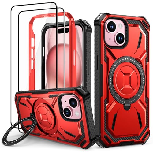 Lanhiem für iPhone 15 Hülle mit 2 Stück Panzerglas, 360° Ring Ständer Schutzhülle, Militärischer Stoßfest Handyhülle für iPhone 15 Case, Rot von Lanhiem