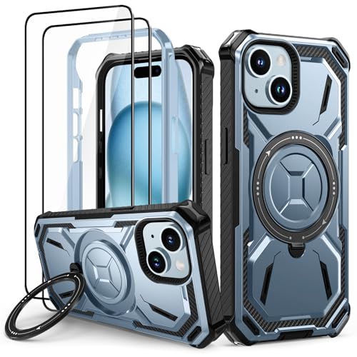 Lanhiem für iPhone 15 Hülle mit 2 Stück Schutzfolie, 360° Ring Ständer Schutzhülle, Militärischer Stoßfest Handyhülle für iPhone 15 Case, Blau von Lanhiem