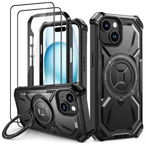Lanhiem für iPhone 15 Hülle mit 2 Stück Schutzfolie, 360° Ring Ständer Schutzhülle, Militärischer Stoßfest Handyhülle für iPhone 15 Case, Schwarz Lanhiem für iPhone 15 Hülle mit 2 Stück Schutzfolie, 360° Ring Ständer Schutzhülle, Militärischer Stoßfest Handyhülle für iPhone 15 Case, Schwarz von Lanhiem