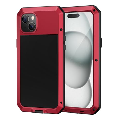 Lanhiem für iPhone 15 Plus Hülle (6.7"), Metall Handyhülle iPhone 15 Plus Case Robust Stoßfest Ganzkörper Militärstandard Schutzhülle Outdoor Heavy Duty Case mit Eingebautem Displayschutz, Rot von Lanhiem