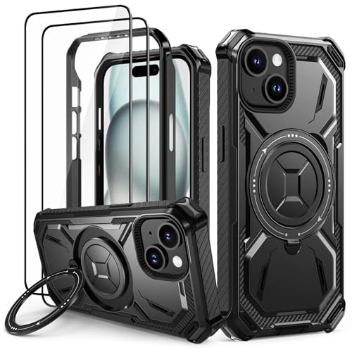 Lanhiem für iPhone 15 Plus Hülle mit 2 Stück Schutzfolie, 360° Ring Ständer Schutzhülle, Militärischer Stoßfest Handyhülle für iPhone 15 Plus Case, Schwarz von Lanhiem