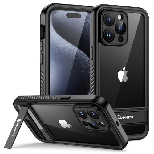 Lanhiem für iPhone 15 Pro Hülle, IP68 Wasserdicht Schutzhülle mit Metall Ständer Handyhülle iPhone 15 Pro Case 360 Grad Ganzkörper Panzerhülle Stoßfest Outdoor mit Displayschutz, Schwarz von Lanhiem