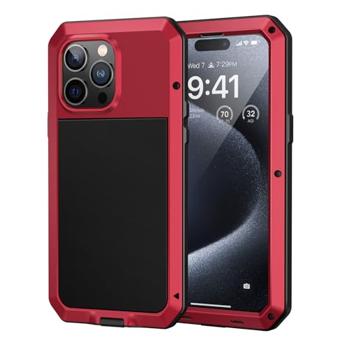 Lanhiem für iPhone 15 Pro Hülle (6.1"), Metall Handyhülle iPhone 15 Pro Case Robust Stoßfest Ganzkörper Militärstandard Schutzhülle Outdoor Heavy Duty Case mit Eingebautem Displayschutz, Rot von Lanhiem