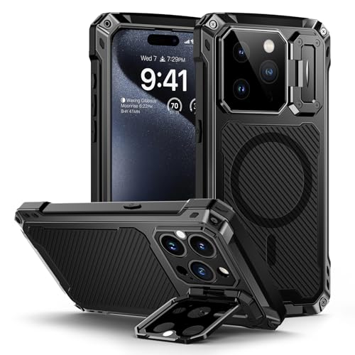 Lanhiem für iPhone 15 Pro Hülle Magnetisch Metall Handyhülle mit Kameraschutz Ständer Robust Stoßfest Ganzkörper Militärstandard Schutzhülle Heavy Duty Case mit Eingebautem Displayschutz, Schwarz von Lanhiem