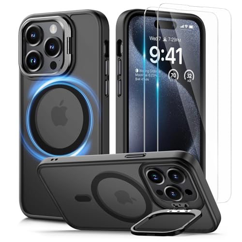 Lanhiem für iPhone 15 Pro Hülle für MagSafe mit Ständer und 2 Stück Schutzfolie, Magnetische Stoßfest Handyhülle für iPhone 15 Pro Case Schutzhülle Durchscheinende Matt Cover, Schwarz Lanhiem für iPhone 15 Pro Hülle für MagSafe mit Ständer und 2 Stück Schutzfolie, Magnetische Stoßfest Handyhülle für iPhone 15 Pro Case Schutzhülle Durchscheinende Matt Cover, Schwarz von Lanhiem