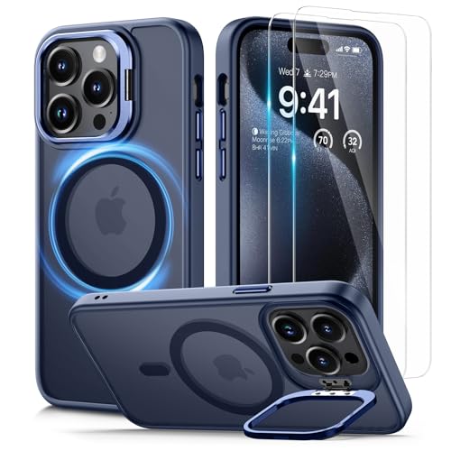 Lanhiem für iPhone 15 Pro Hülle für MagSafe mit Ständer und 2 Stück Schutzfolie, Magnetische Stoßfest Handyhülle für iPhone 15 Pro Case Schutzhülle Durchscheinende Matt Cover, Blau Lanhiem für iPhone 15 Pro Hülle für MagSafe mit Ständer und 2 Stück Schutzfolie, Magnetische Stoßfest Handyhülle für iPhone 15 Pro Case Schutzhülle Durchscheinende Matt Cover, Blau von Lanhiem