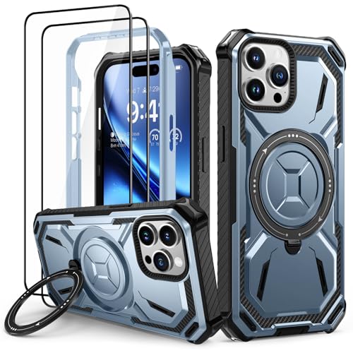 Lanhiem für iPhone 15 Pro Hülle mit 2 Stück Panzerglas, 360° Ring Ständer Schutzhülle, Militärischer Stoßfest Handyhülle für iPhone 15 Pro Case, Blau von Lanhiem