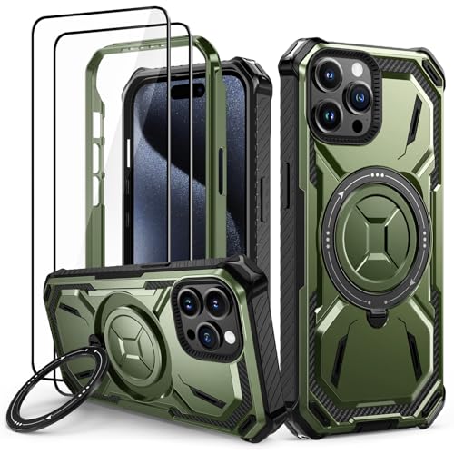 Lanhiem für iPhone 15 Pro Hülle mit 2 Stück Schutzfolie, 360° Ring Ständer Schutzhülle, Militärischer Stoßfest Handyhülle für iPhone 15 Pro Case, Grün von Lanhiem
