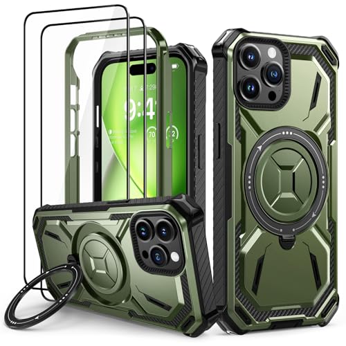 Lanhiem für iPhone 15 Pro Hülle mit 2 Stück Schutzfolie, 360° Ring Ständer Schutzhülle, Militärischer Stoßfest Handyhülle für iPhone 15 Pro Case, Grün von Lanhiem