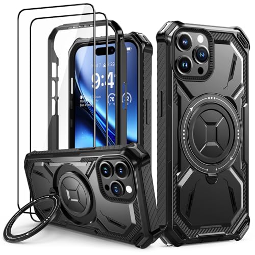 Lanhiem für iPhone 15 Pro Hülle mit 2 Stück Schutzfolie, 360° Ring Ständer Schutzhülle, Militärischer Stoßfest Handyhülle für iPhone 15 Pro Case, Schwarz von Lanhiem