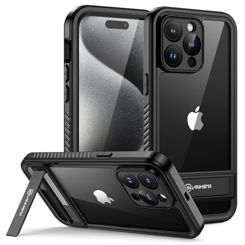 Lanhiem für iPhone 15 Pro Max Hülle, IP68 Wasserdicht Schutzhülle mit Metall Ständer Handyhülle iPhone 15 Pro Max Case 360 Grad Ganzkörper Panzerhülle Stoßfest Outdoor mit Displayschutz, Schwarz von Lanhiem