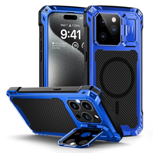 Lanhiem für iPhone 15 Pro Max Hülle Magnetisch Metall Handyhülle mit Kameraschutz Ständer Robust Stoßfest Ganzkörper Militärstandard Schutzhülle Heavy Duty Case mit Displayschutz, Blau von Lanhiem