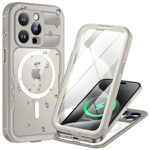 Lanhiem für iPhone 15 Pro Max Hülle Wasserdicht,Handyhülle iPhone 15 Pro Max Wasserfest Schutzhülle mit Magsafe,360 Outdoor Stoßfest Staubdicht Panzerhülle mit Kameraschutz/Displayschutz,Titan Natur von Lanhiem