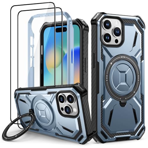 Lanhiem für iPhone 15 Pro Max Hülle mit 2 Stück Panzerglas, 360° Ring Ständer Schutzhülle, Militärischer Stoßfest Handyhülle für iPhone 15 Pro Max Case, Blau von Lanhiem