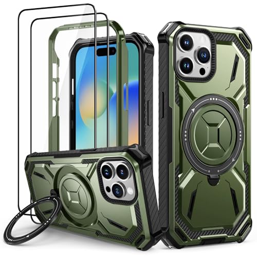 Lanhiem für iPhone 15 Pro Max Hülle mit 2 Stück Schutzfolie, 360 ° Ring Ständer Schutzhülle, Militärischer Stoßfest Handyhülle für iPhone 15 Pro Max Case, Grün von Lanhiem