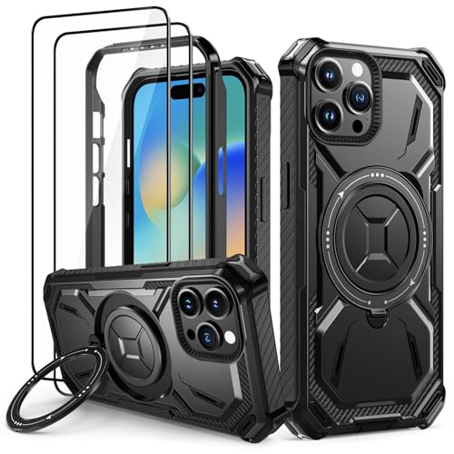 Lanhiem für iPhone 15 Pro Max Hülle mit 2 Stück Schutzfolie, 360° Ring Ständer Schutzhülle, Militärischer Stoßfest Handyhülle für iPhone 15 Pro Max Case, Schwarz von Lanhiem