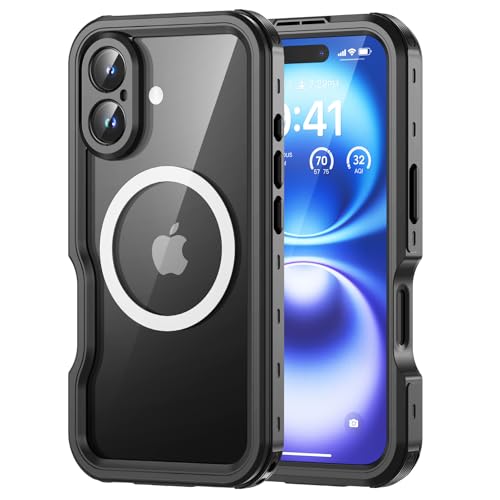 Lanhiem für iPhone 16 Hülle, IP68 Wasserdicht [Kompatibel mit Magsafe] Handyhülle iPhone 16 Magnetisch Case 360 Grad Panzerhülle Outdoor Stoßfest Schutzhülle Cover mit Displayschutz, Schwarz von Lanhiem