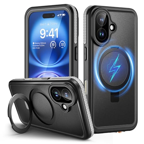 Lanhiem für iPhone 16 Hülle mit Mag-Safe Ständer IP68 Wasserdicht Handyhülle iPhone 16 Ringhalter Case 360 Grad Ganzkörper Stoßfest Outdoor Panzerhülle mit Eingebautem Displayschutz, Schwarz von Lanhiem