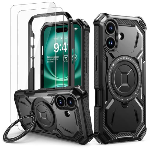 Lanhiem für iPhone 16 Plus Hülle mit 2 Stück Schutzfolie, 360° Ring Ständer Schutzhülle, Militärischer Stoßfest Handyhülle für iPhone 16 Plus Case, Schwarz Lanhiem für iPhone 16 Plus Hülle mit 2 Stück Schutzfolie, 360° Ring Ständer Schutzhülle, Militärischer Stoßfest Handyhülle für iPhone 16 Plus Case, Schwarz von Lanhiem