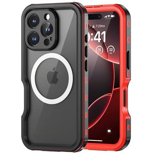 Lanhiem für iPhone 16 Pro Hülle, IP68 Wasserdicht [Kompatibel mit Magsafe] Handyhülle iPhone 16 Pro Magnetisch Case 360 Grad Panzerhülle Outdoor Stoßfest Schutzhülle Cover mit Displayschutz, Rot von Lanhiem