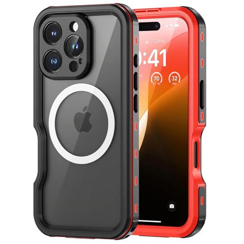 Lanhiem für iPhone 16 Pro Max Hülle, IP68 Wasserdicht Kompatibel mit Magsafe Handyhülle iPhone 16 Pro Max Magnet Case 360 Grad Panzerhülle Outdoor Stoßfest Schutzhülle Cover mit Displayschutz, Rot Lanhiem für iPhone 16 Pro Max Hülle, IP68 Wasserdicht Kompatibel mit Magsafe Handyhülle iPhone 16 Pro Max Magnet Case 360 Grad Panzerhülle Outdoor Stoßfest Schutzhülle Cover mit Displayschutz, Rot von Lanhiem
