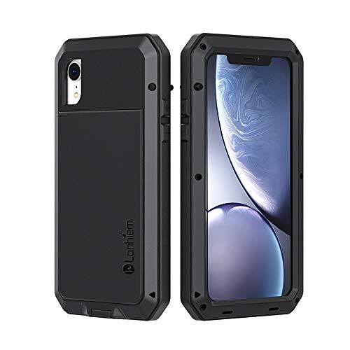 Lanhiem für iPhone XR Hülle, 360 Grad Outdoor Schutzhülle Stoßfest Tough Armor Metall Ganzkörper Panzerhülle Staubdicht Heavy Duty Case mit Eingebautem Displayschutz, Schwarz von Lanhiem