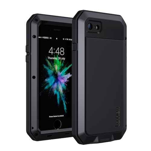 lanhiem Heavy Duty stoßfest Tough Armor Metall Case mit [Tempered Glas Screen Film], 360 Full Body Schutzhülle für iPhone 7 8, schwarz von Lanhiem