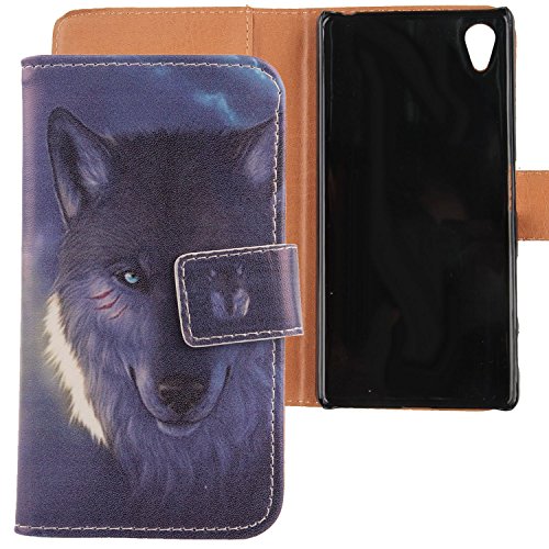 Lankashi PU Flip Leder Tasche Hülle Case Cover Schutz Handy Etui Skin Für Sony Xperia X F5121 5" Wolf Design von Lankashi