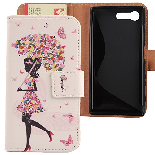 Lankashi PU Flip Leder Tasche Hülle Silikon TPU Case Cover Handytasche Schutzhülle Etui Skin Für Sony Xperia X Compact F5321 4.6" Umbrella Girl Design von Lankashi