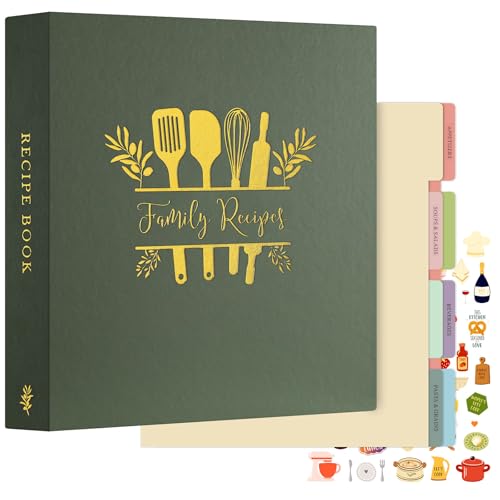 Lanpn Rezepte Ordner 3 Ringen für Kochrezepte, A4 Kochbuch Selbst Schreiben, Recipe Binder Rezeptordner mit 8 Trennblättern und 2 Aufklebern, DIY Rezeptbuch zum Selberschreiben, Grün von Lanpn
