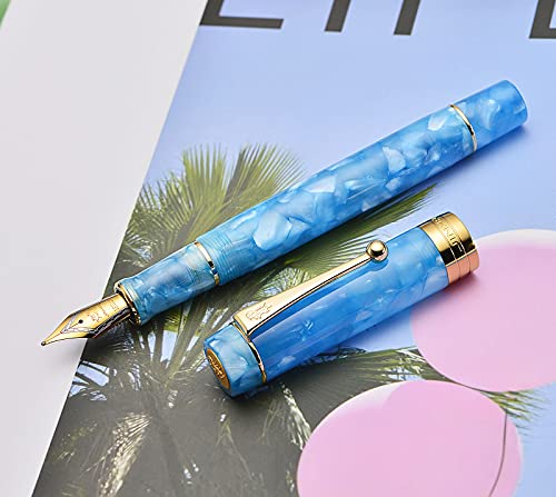 Jinhao 100 Classic Füllfederhalter Himmelblau Zelluloid Gold Rand Medium Feder mit Konverter und Stifteetui Set von Lanxivi