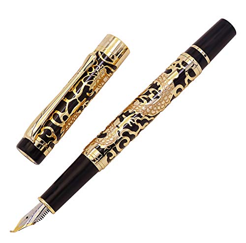 Jinhao 5000 Fude-Stift, gebogene Spitze, feine bis breite Größe, schwarze Farbe, goldener Rand, 3D-Drachen-geprägtes Muster, Schaft-Tintenstift mit Stifttasche von Lanxivi