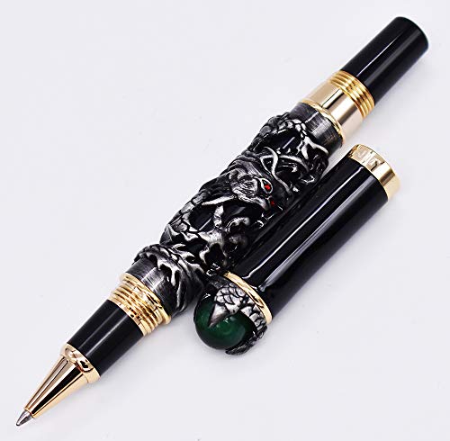 Jinhao Dragon King Tintenroller, schwarze Kappe, graue Farbe, 3D-Drachen-Prägung, Schaft-Tintenstift mit Stifttasche von Lanxivi