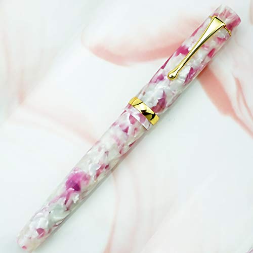 Schöner Kugelschreiber aus Acrylharz mit goldfarbener Spitze, fein bis breit, marmoriertes Sakura-Rosa, mit Stifttasche von Lanxivi