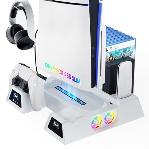 Lapezei PS5 Slim-Ständer mit 3-stufigem Lüfter, PS5-Ständer mit 1 USB-Anschluss/Controller-Ladestation/Fernbedienungssteckplatz/9 Spielespeicher für PS5-Zubehör (Nicht für PS5 PRO) von Lapezei
