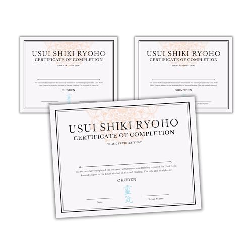 Reiki Master Certificate of Completion of Usui 1st Degree Shoden, 2nd Degree Okuden und 3. Grad Shinpiden Reiki Master | 60 Zertifikate insgesamt, 20 Stück je Stufe 21,6 x 27,9 cm, blanko Level 1 Reiki Master Certificate of Completion of Usui 1st Degree Shoden, 2nd Degree Okuden und 3. Grad Shinpiden Reiki Master | 60 Zertifikate insgesamt, 20 Stück je Stufe 21,6 x 27,9 cm, blanko Level 1 von Lashicorn