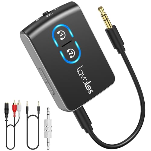 Lavales 5.3 Bluetooth Adapter AUX Pairing 2 Kopfhörers, 3,5mm Klinke Bluetooth Audio Transmitter/Receiver für Flugzeug/TV/Lautsprecher/Autoradio/Fitnessstudio/PC/Mobiltelefon/Tisch/Kopfhörer von Lavales