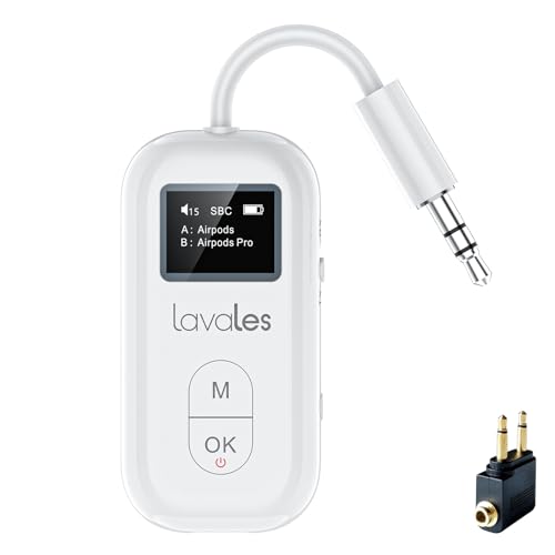 Lavales Bluetooth 5.3 Audio Transmitter Receiver für 2 Airpods, Geringe Verzögerung, 25 Stunden Autonomie Empfänger Adapter, 3,5mm AUX Audio Sender Klinke für Flugzeug, TV, Stereoanlage (Weiß) Lavales Bluetooth 5.3 Audio Transmitter Receiver für 2 Airpods, Geringe Verzögerung, 25 Stunden Autonomie Empfänger Adapter, 3,5mm AUX Audio Sender Klinke für Flugzeug, TV, Stereoanlage (Weiß) von Lavales