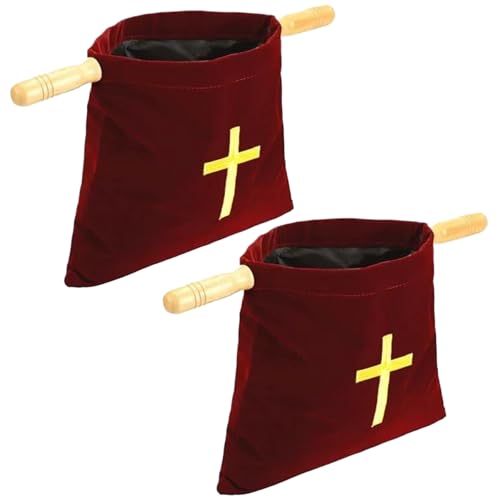 Velvet Church Offering Bag, 2 PCS gesticktes Kreuzbibelbeutel mit Holzgriffen, Flanellkirche Taschen für Kirchen Gemeinschaftsbedarf (rot) von Lawnrden