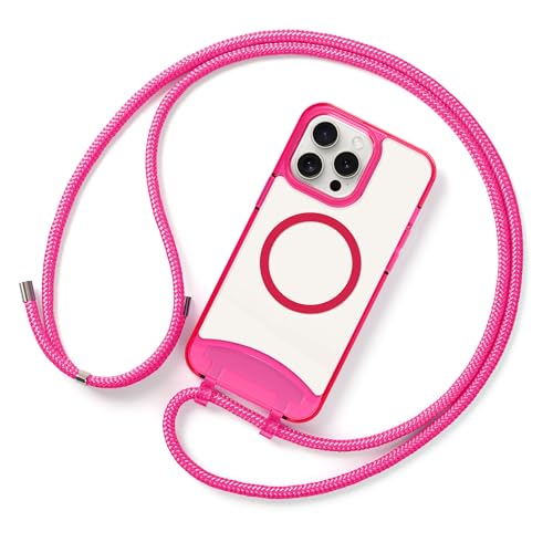 Lawonda Magnetisch Hülle für iPhone 15 Pro (6.1 Zoll) Handykette mit abnehmbarem Band Hülle Seil Necklace Verstellbarer Halskette Handyhülle mit Kordel Tasche Schutzhülle Rose Rot von Lawonda
