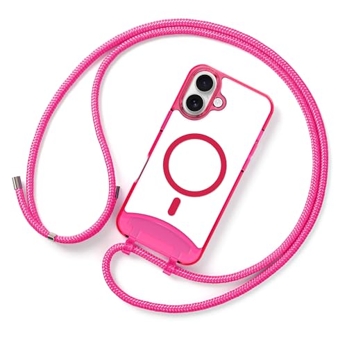 Lawonda Magnetisch Hülle für iPhone 16 (6.1 Zoll) Handykette mit abnehmbarem Band Hülle Seil Necklace Verstellbarer Halskette Handyhülle mit Kordel Tasche Schutzhülle Rose Rot von Lawonda