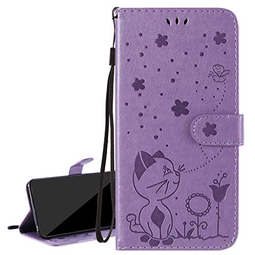 Laybomo Handyhülle für LG K50S Leder Tasche Schuzhülle Kreditkartenhalter & Weiches TPU Silikon Klappe Schale Stehen Cover Brieftasche Hülle LG K50S, Süße Katze (Lila) von Laybomo