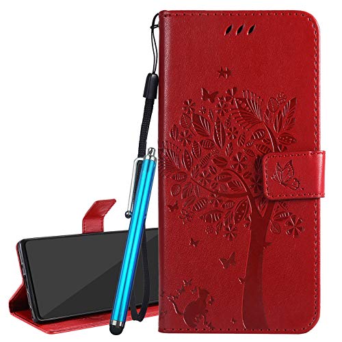 Laybomo Handyhülle für LG K50S Tasche Leder Schutzhülle Pramie Beutel mit Magnet Kartenslot & Stehen Weich TPU Silikon Schale für LG K50S, Geschenkbaum Katze (Rot) von Laybomo