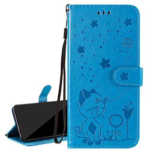 Laybomo Handyhülle für Samsung Galaxy A51 5G / A516B Leder Tasche Schuzhülle Kreditkartenhalter & Weiches TPU Silikon Klappe Schale Stehen Cover Brieftasche Hülle Galaxy A51 5G, Süße Katze (Blau) von Laybomo