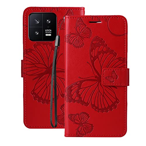 Laybomo Handyhülle für Xiaomi 13 Leder Tasche Hülle für Xiaomi 13 Klapphülle mit Kartenfächer Stehen Schale TPU Silikon Brieftasche für Xiaomi 13, Rot von Laybomo